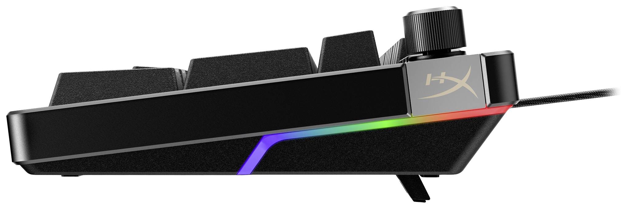 A gaming keyboard with side RGB lighting and volume controls at the top. Perfect for an immersive gaming experience.