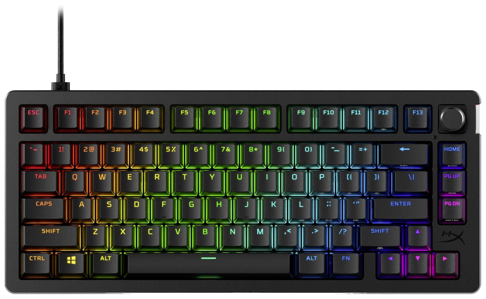 RGB-backlit gaming keyboard with detachable cable. Each key illuminates in different colours. Compact layout without number pad.