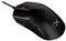 Black computer mouse with cable, dynamic design with side buttons and red scroll wheel. 'HX' logo in silver on the top surface.
