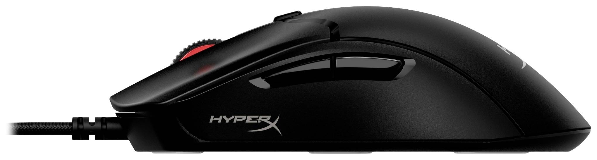 Black gaming mouse with red scroll wheel, side logo and ergonomic design for precise control.
