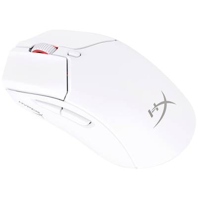 A white, ergonomic gaming mouse with the 'HyperX' logo, red accents, and two side buttons.