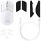 White gaming mouse with USB-C cable, replacement rubber grips and replacement glide pads.