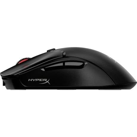 Black gaming mouse from the side with ergonomic design and red scroll wheel, side buttons, and 'HyperX' logo.