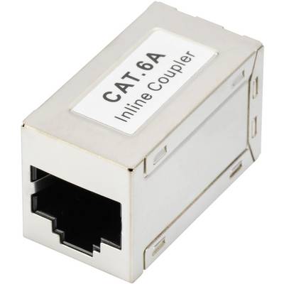 A CAT.6A inline coupler with RJ45 sockets at both ends for Ethernet connections, with a silver housing.