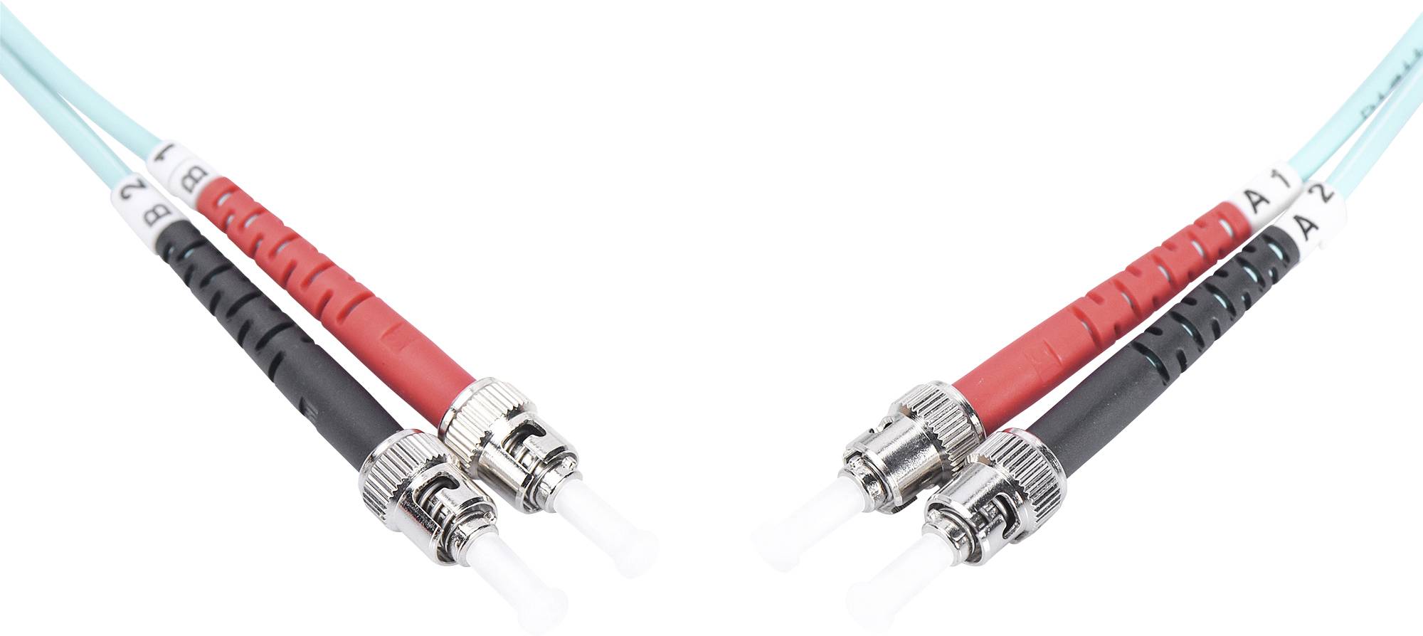 Two optical fibre cables with coloured sheathing and metal connectors, connected by couplings. Markings 'B1', 'B2', 'A1', 'A2'.