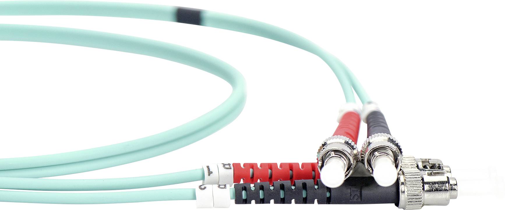 A fibre optic cable with three connectors: two connectors marked red and blue, and one with a silver plug.