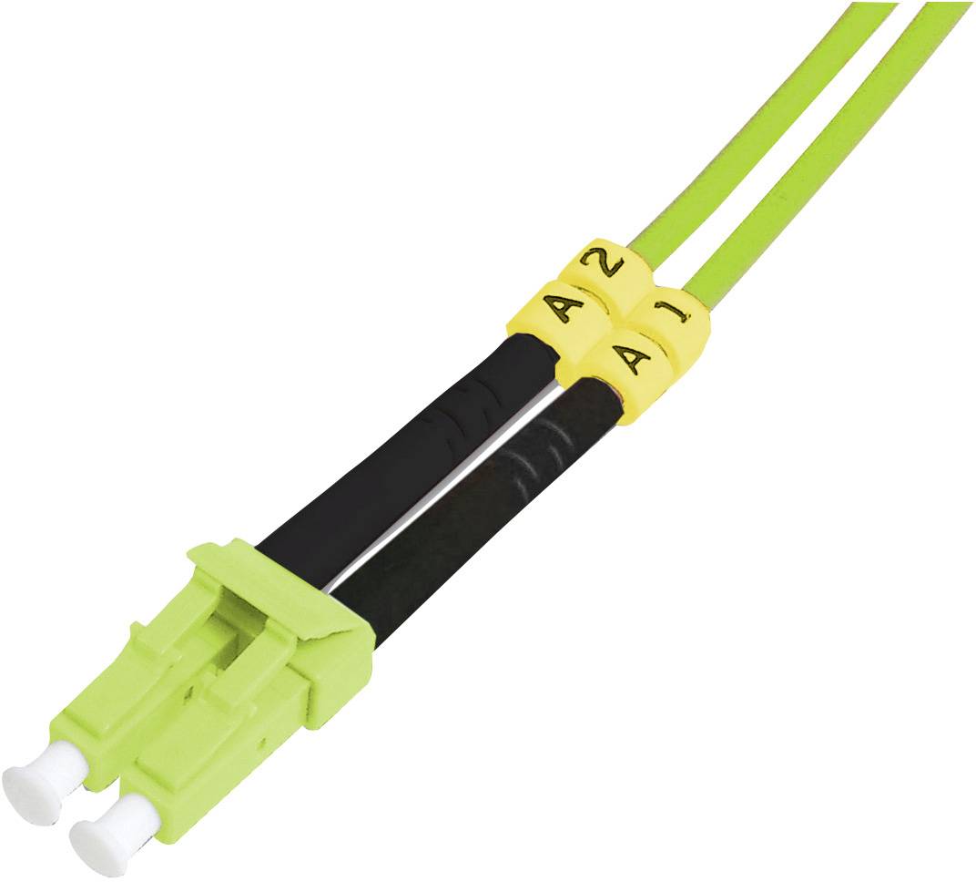 A green fibre optic cable with yellow markings '1' and '2' on the connectors indicates the connection and signal direction.