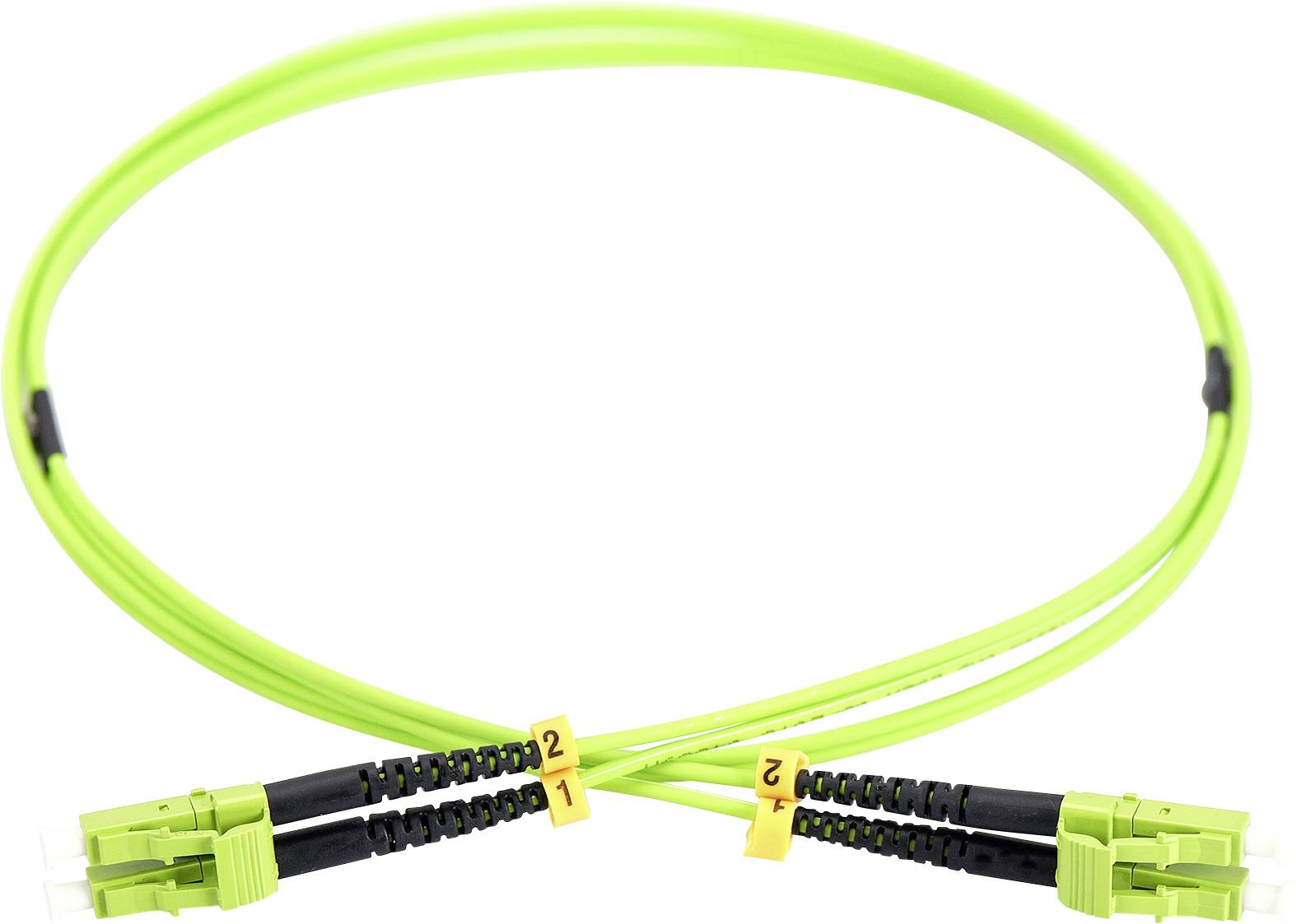 Green fibre optic cable with two connectors at each end, numbered '1' and '2'. Suitable for high-speed data transmission.