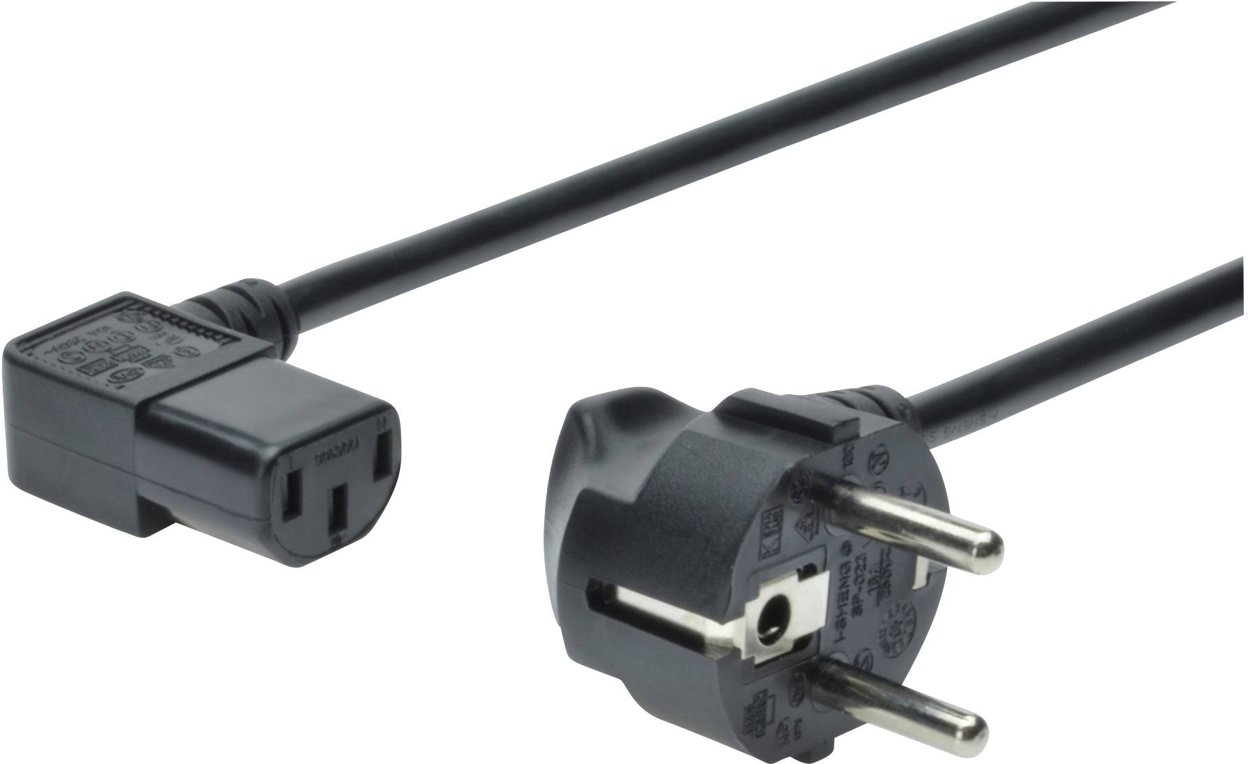 Power cable with a C13 cold device plug and a Euro Schuko plug, suitable for connecting devices to the mains power supply.