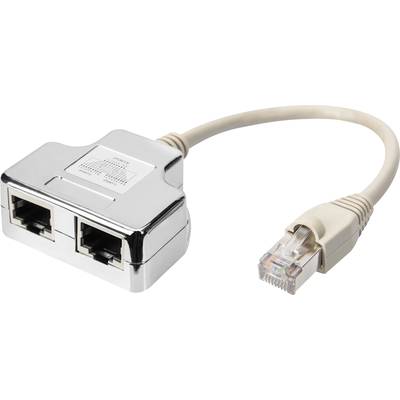 A silver Ethernet splitter with two input ports and an output cable terminating in an RJ45 connector.
