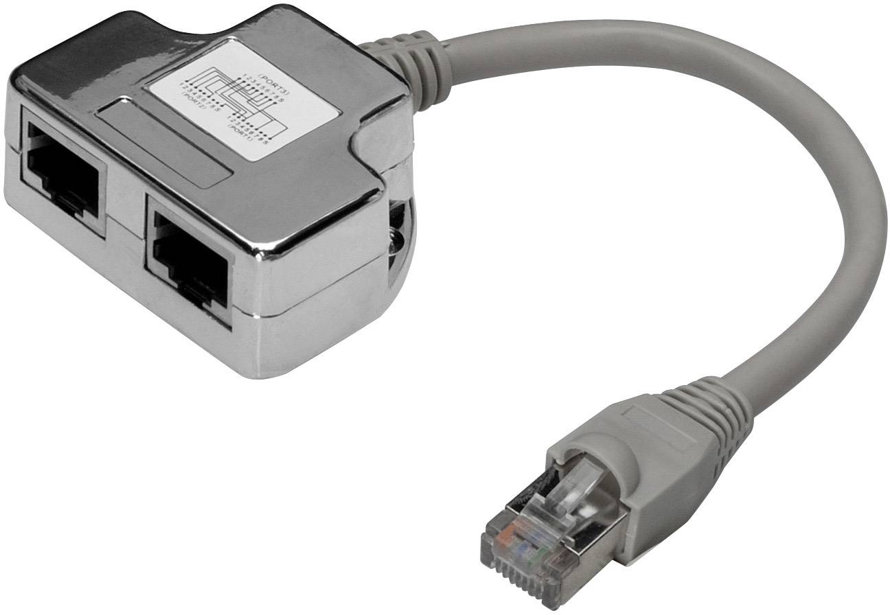 An Ethernet splitter with two RJ45 ports and an integrated cable with an RJ45 plug, suitable for network sharing.