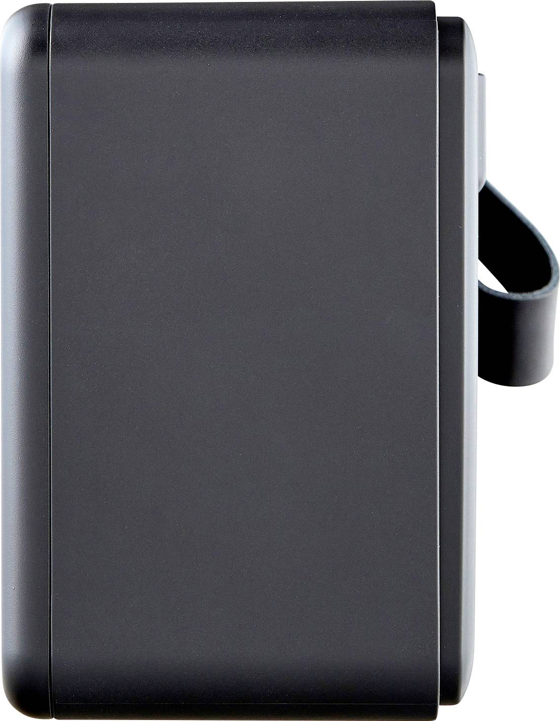 Black, rectangular device with rounded edges and a side handle.