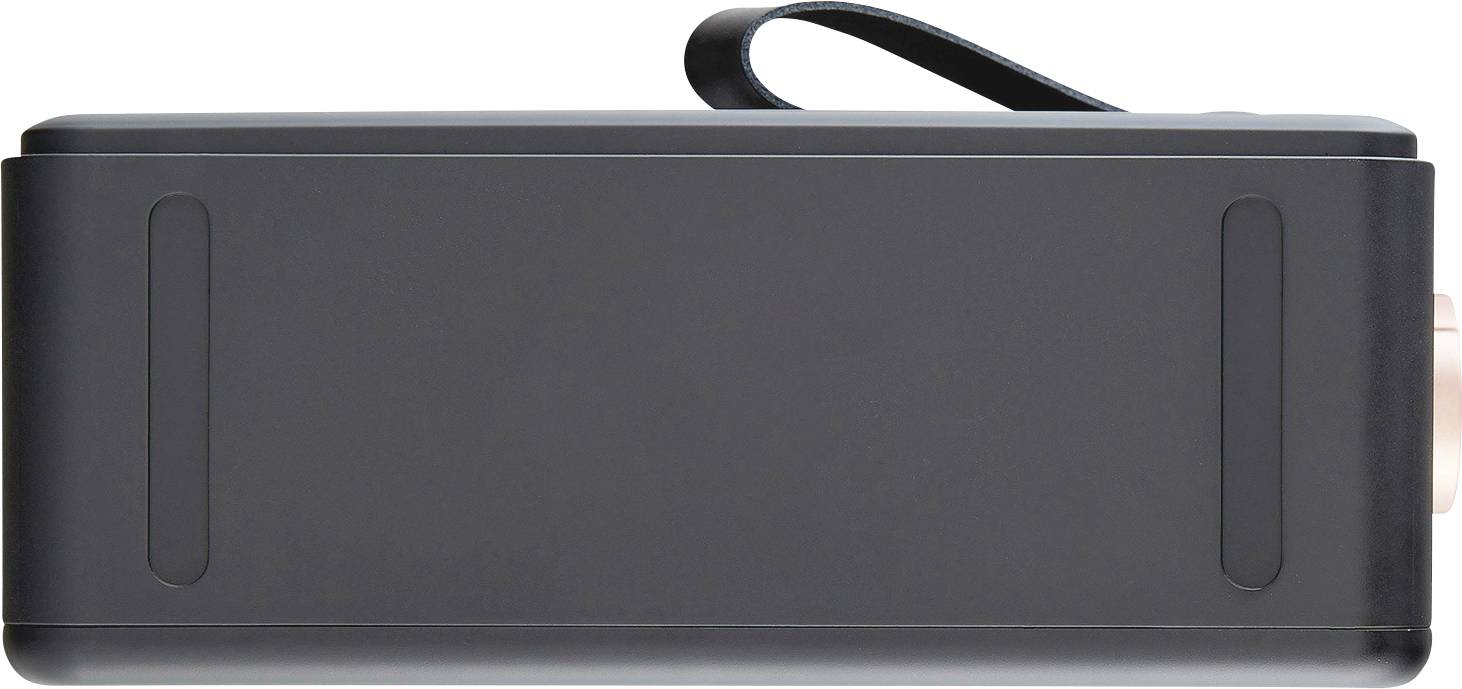 Black, rectangular device with a carry handle on top. It appears to be a portable speaker or a technical device.