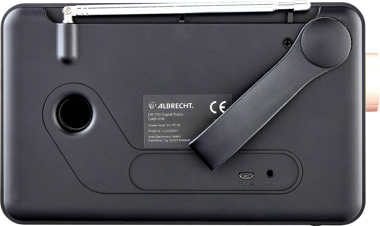 Back of an Albrecht digital radio with extendable antenna, carry handle, and USB port. Model designation: DR 790.
