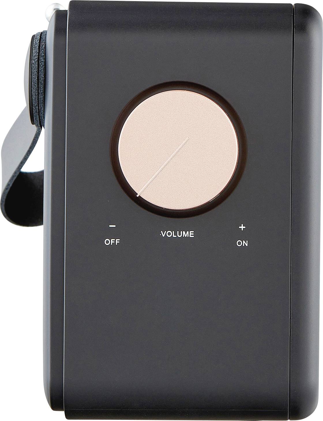 Black portable radio with a round volume control in the centre. Labels: 'OFF', 'VOLUME', '+', 'ON'. Carrying handle on the left.
