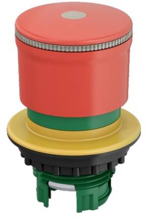 A red emergency stop button with green and yellow base, used for quickly shutting down machinery in emergency situations.