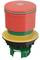 A red emergency stop button with green and yellow base, used for quickly shutting down machinery in emergency situations.