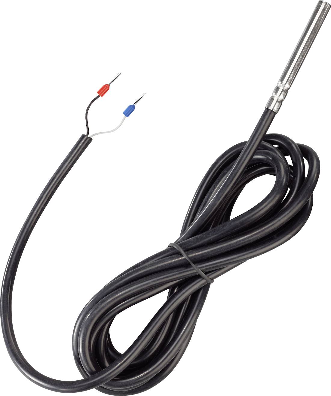 A black cable with a metal probe at one end and three exposed, colour-coded wires (red, white, blue) at the other end.