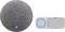 A grey smart speaker and a doorbell button with a blue LED light, lying side by side on a white background.