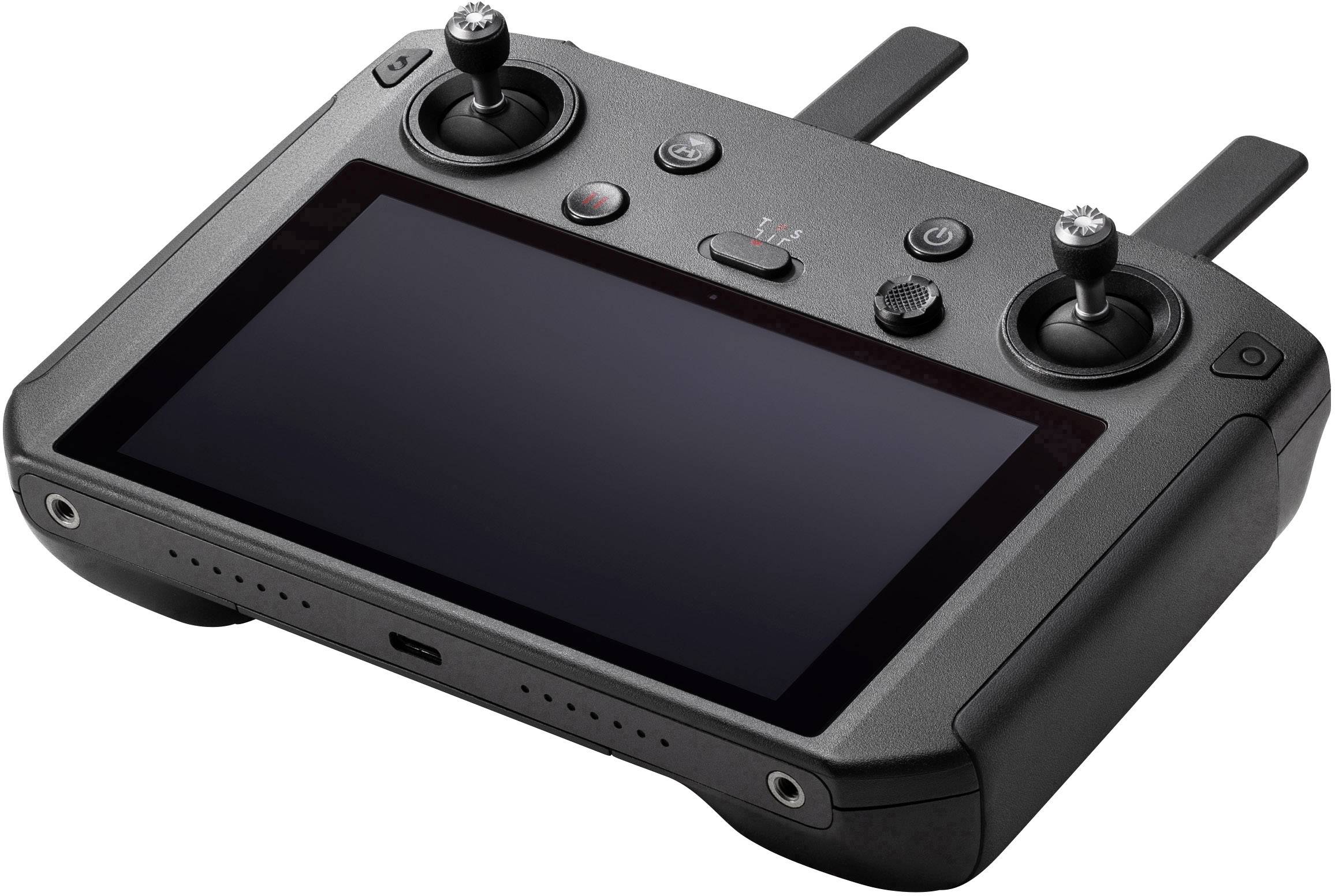 A remote control with two joysticks and an integrated screen, used for controlling devices such as drones.