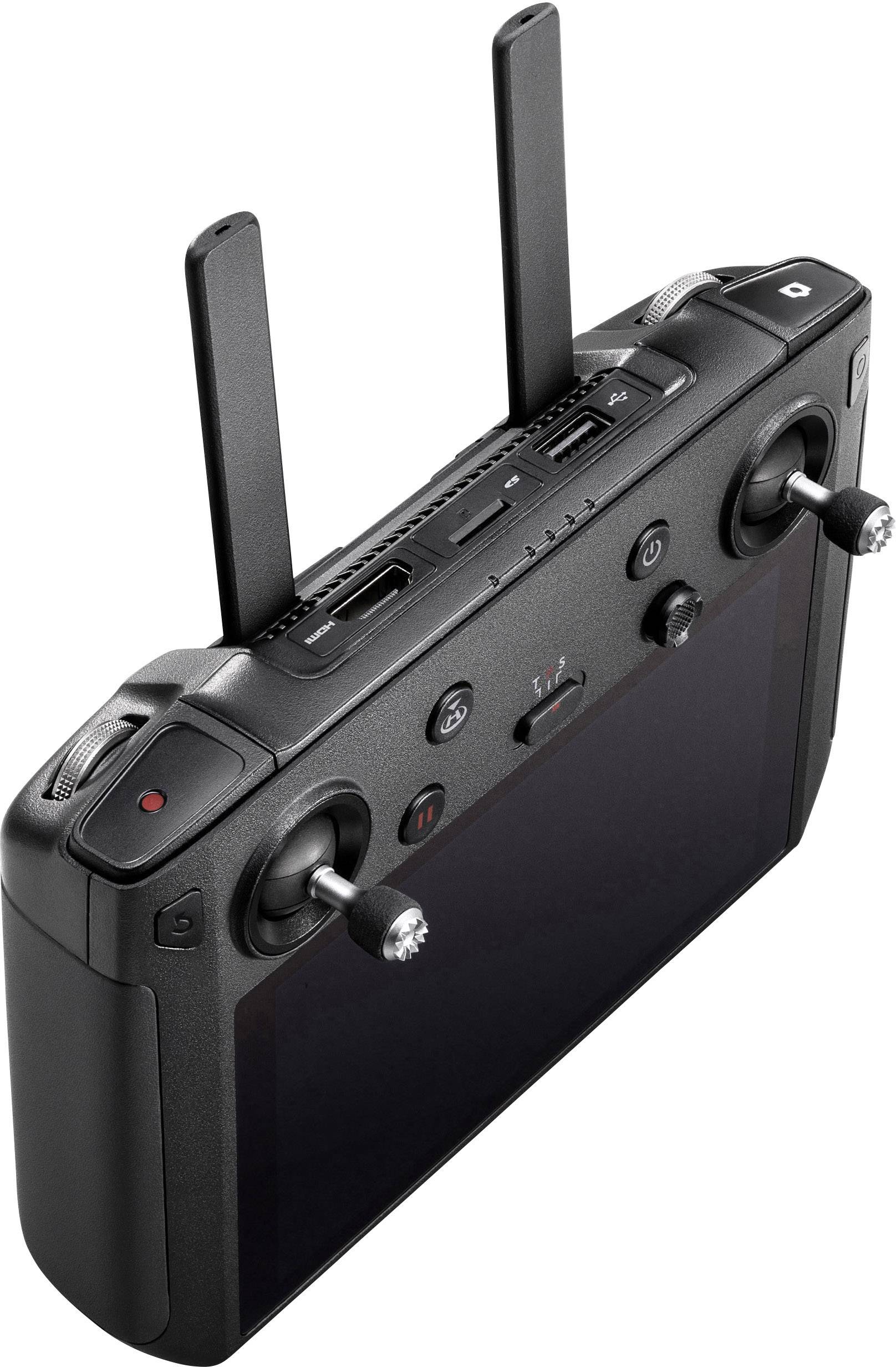 Remote control with two aerials, multiple control elements and a display screen. Likely used for drone operation.
