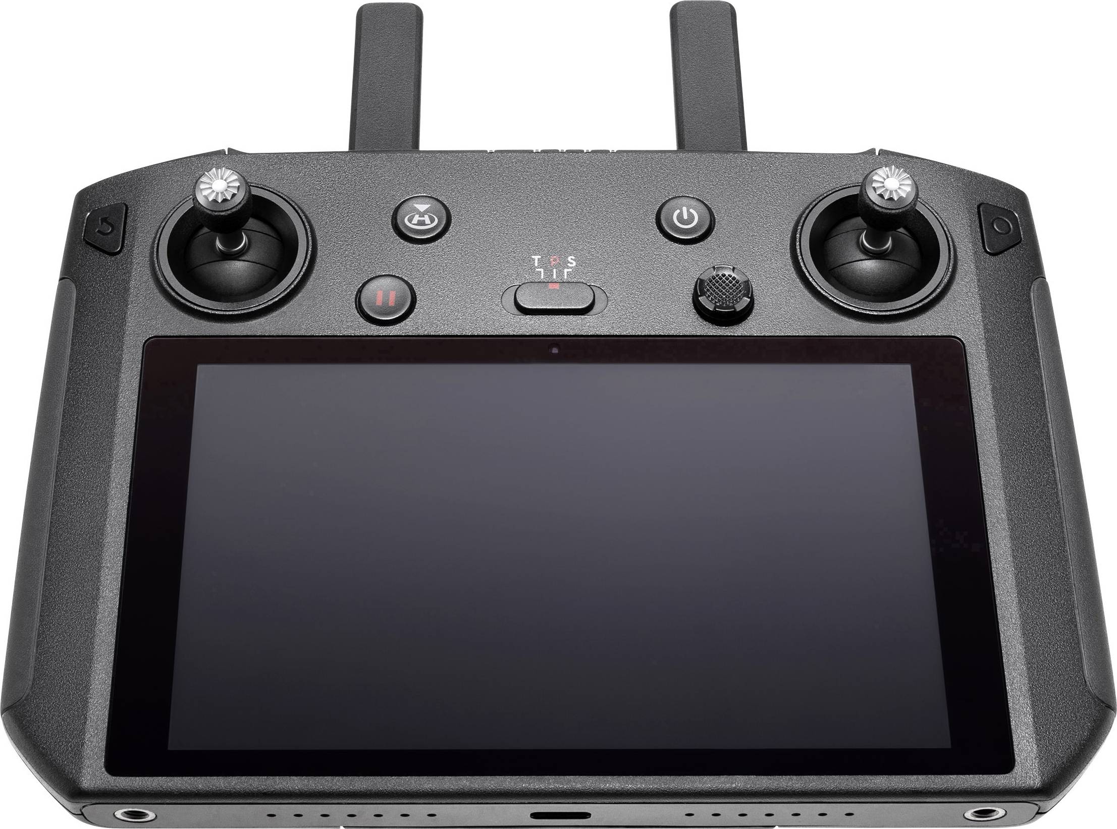 A black drone controller with two control sticks and a large screen in the centre.