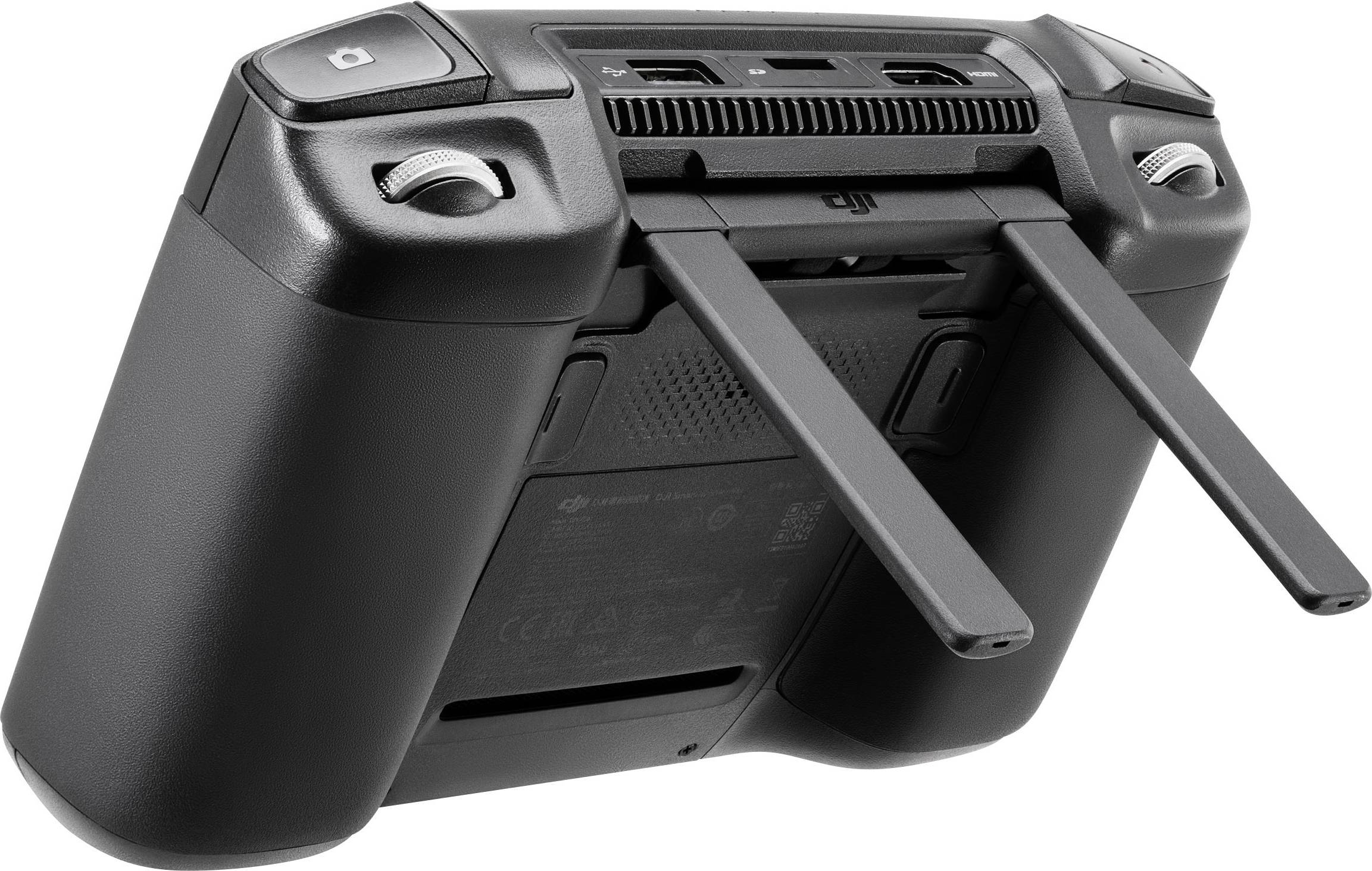 A black remote control with two extendable aerials and multiple buttons, one of which bears a camera symbol.