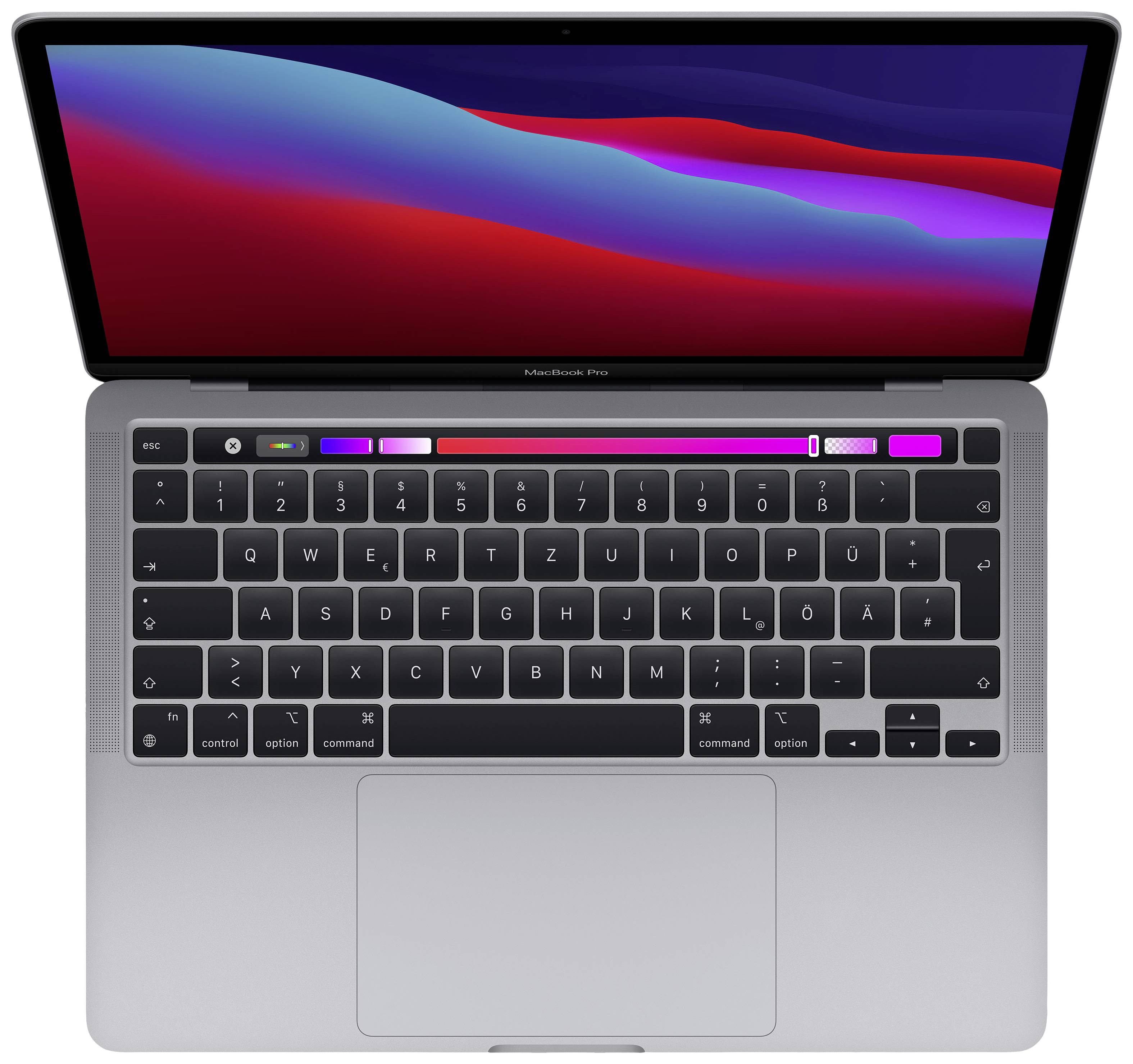 A laptop with an open keyboard and Touch Bar. The screen displays colourful waves on a dark background.