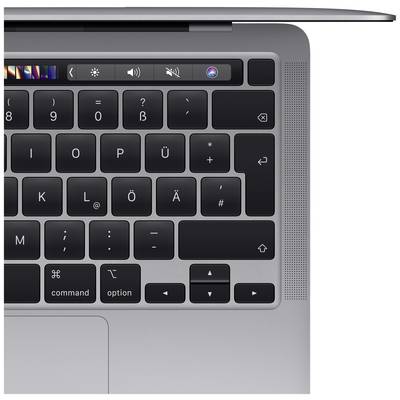 Upper section of a laptop keyboard with a Touch Bar, displaying functions such as volume control and brightness adjustment.