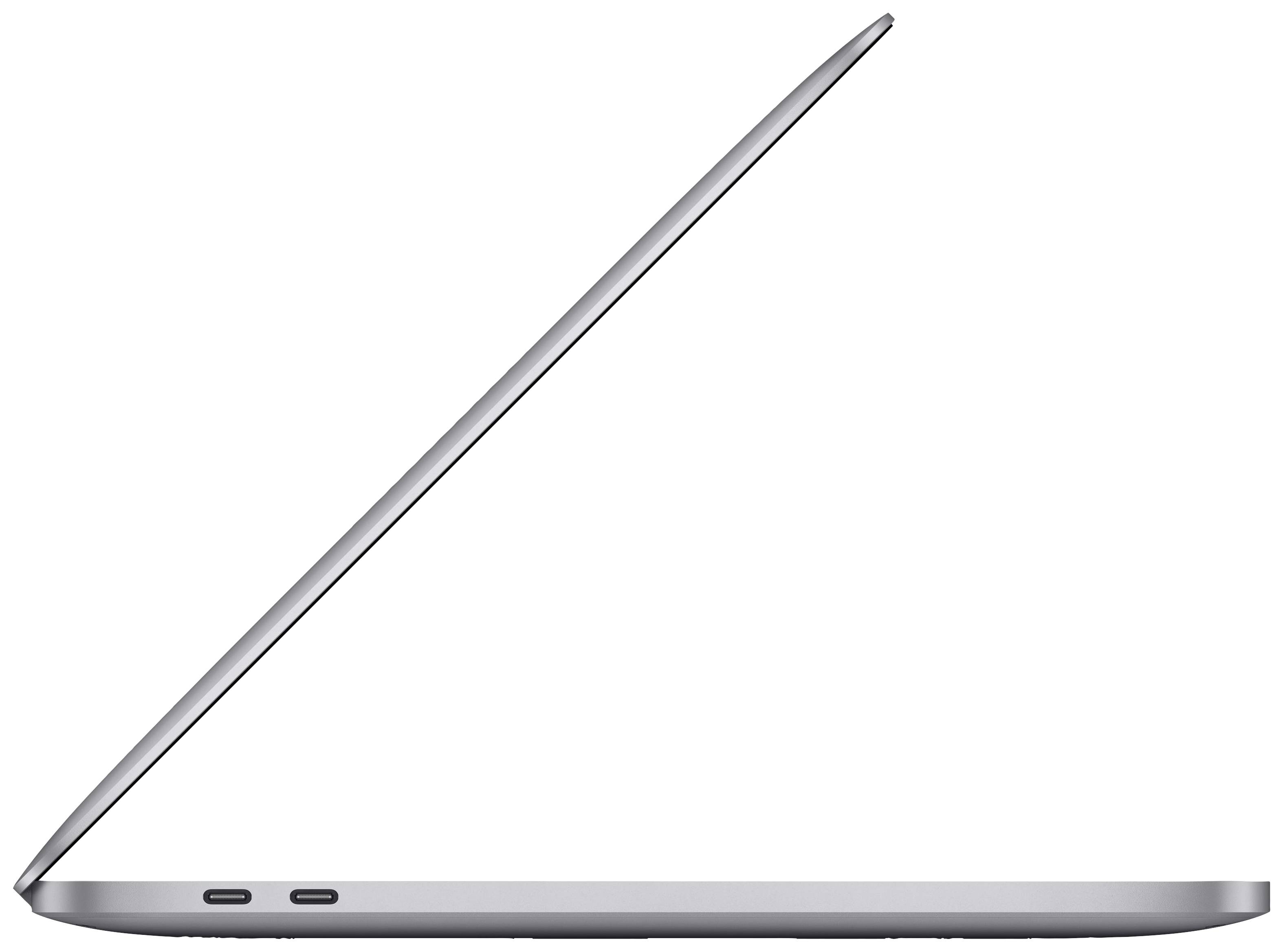 A half-open laptop viewed from the side, displaying its sleek design and two USB-C ports on the left side.