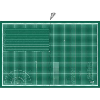 Green cutting mat with centimetre grid and geometric patterns, perfect for precise cutting and craft work.