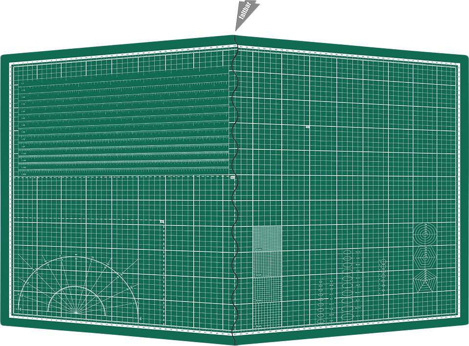 A green cutting mat with various grid lines, angles, and shapes for precise cutting and measuring.