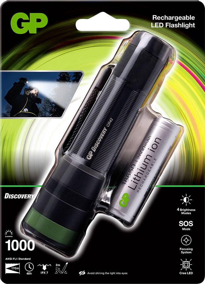'Rechargeable LED torch by GP, 1000 lumens, with lithium-ion battery. Includes 4 light modes, including SOS mode.'
