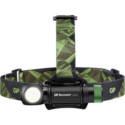 Head torch with a green-patterned headband and illuminating LED light, marked with 'GP Discovery CHR35'.