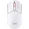 White PC mouse with an ergonomic design and the 'HX' logo on the underside, red scroll button in the centre.