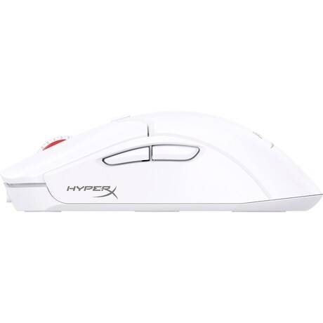 A white HyperX computer mouse, photographed from the side, shows two thumb buttons and an ergonomic design.
