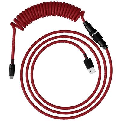 A red, winding USB cable with a USB-A plug and a USB-C plug. It has a braided texture for additional durability.