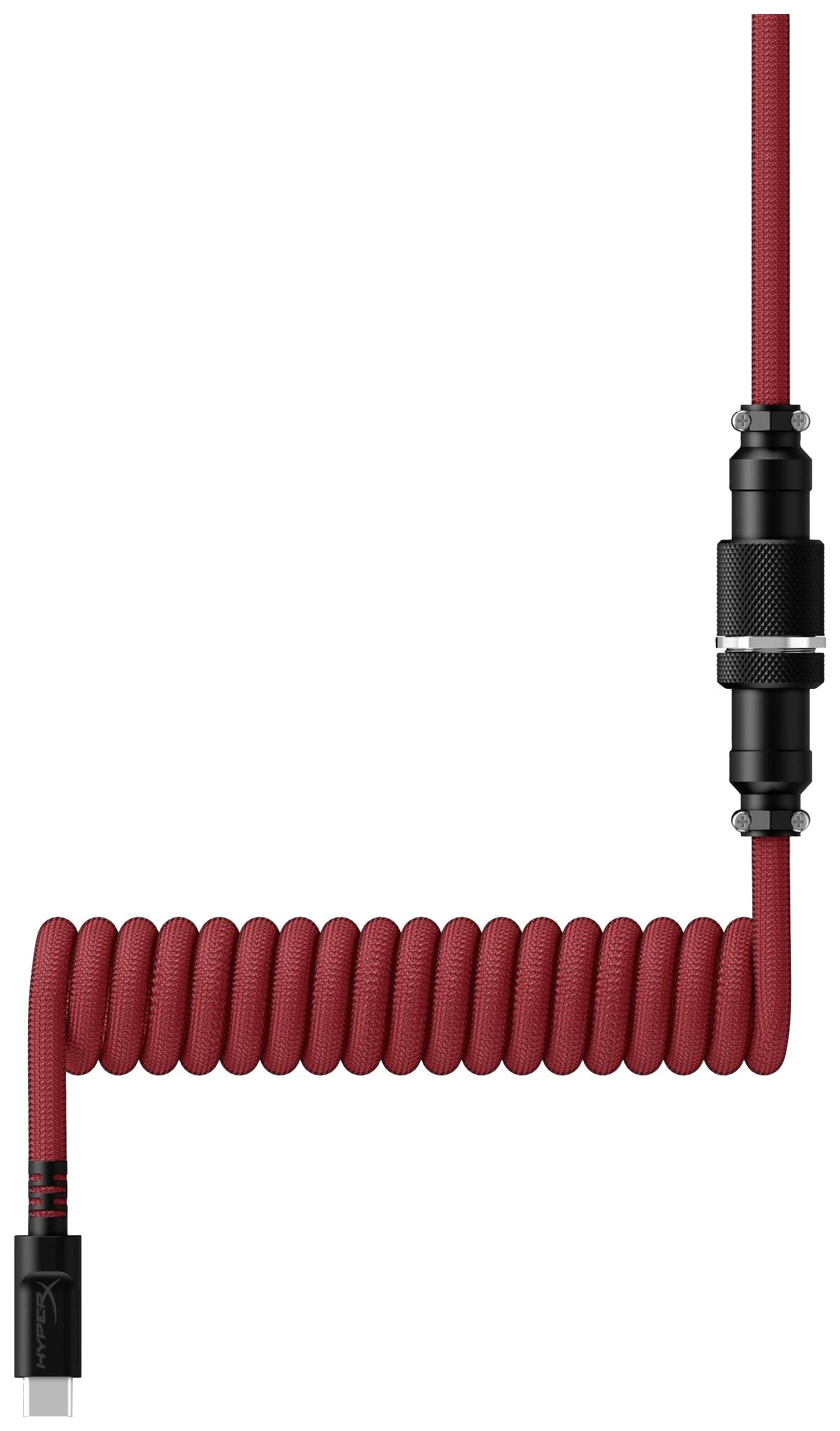 Red, coiled cable with a black connector, suitable for electronic device connections.