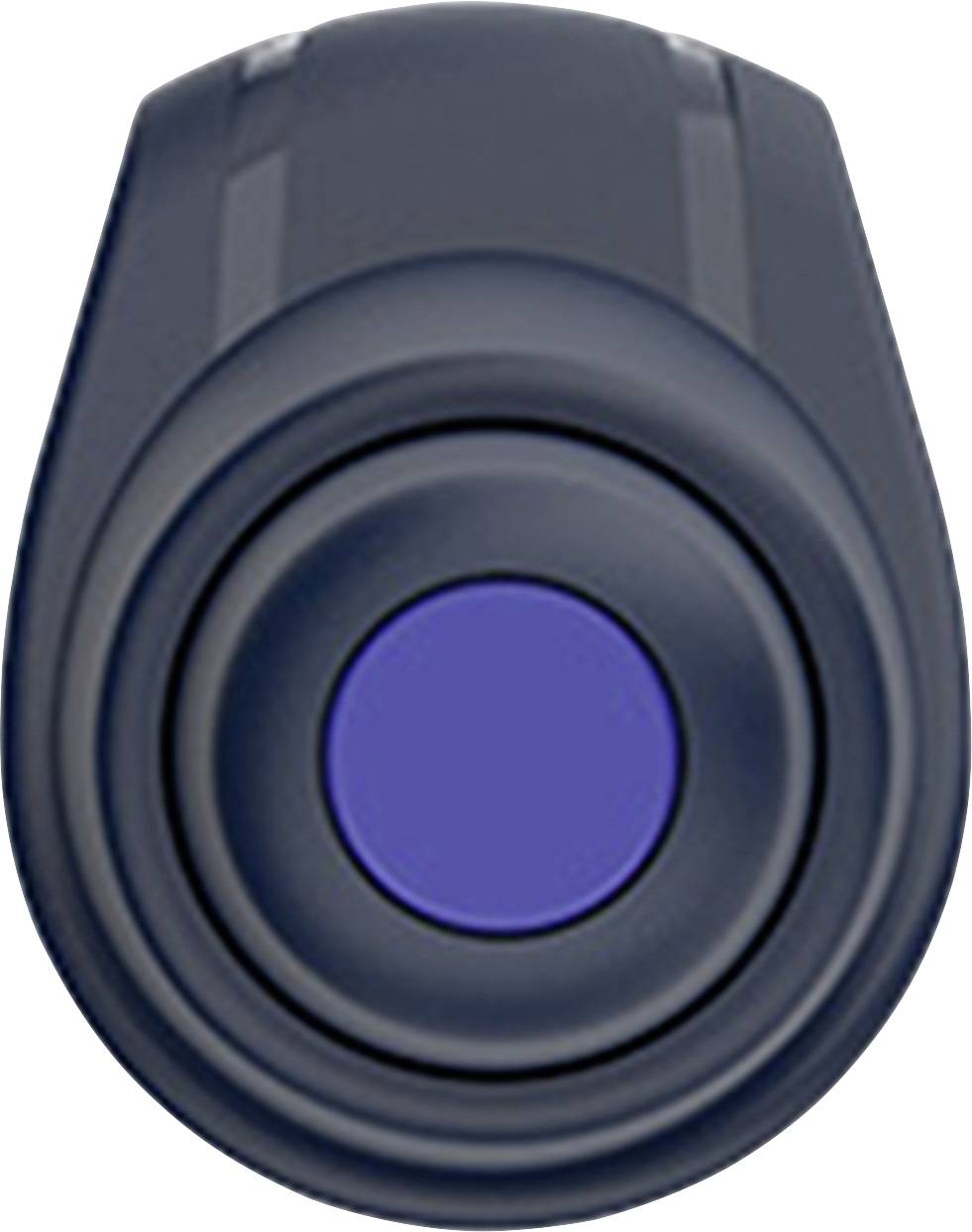 A blue button in the centre of a dark enclosure.