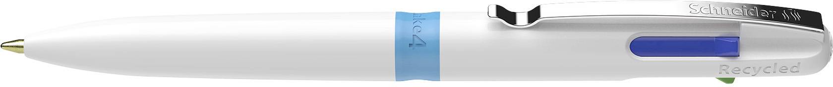 Ballpoint pen with four coloured refills and a clip. The body is primarily white with a blue central ring. Brand name on the clip.