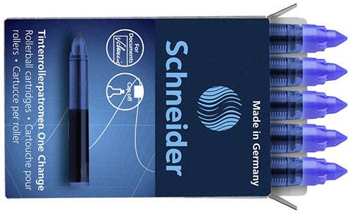 Schneider One Change Rollerball Pen, Refillable, 0.6 mm Ultra-Smooth Tip,  Blue/White Barrel, Black Ink, Box of 5 Pens (183701)