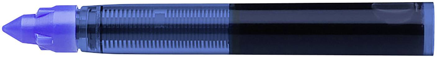 A blue ballpoint pen refill with a transparent casing.