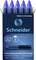 Pack of six blue ink rollerball cartridges by Schneider. Text: 'Made in Germany', includes cartridge and cap switch.