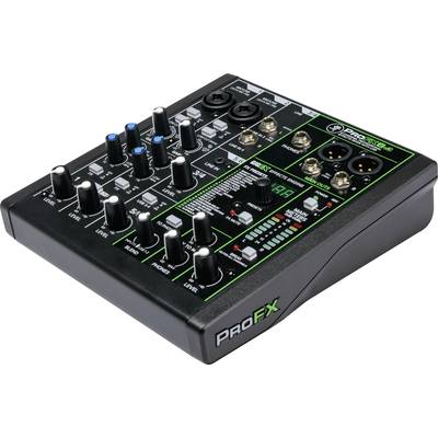 A black and green audio mixing desk with rotary knobs and connections, marked with 'ProFX', is used for controlling audio levels and effects.