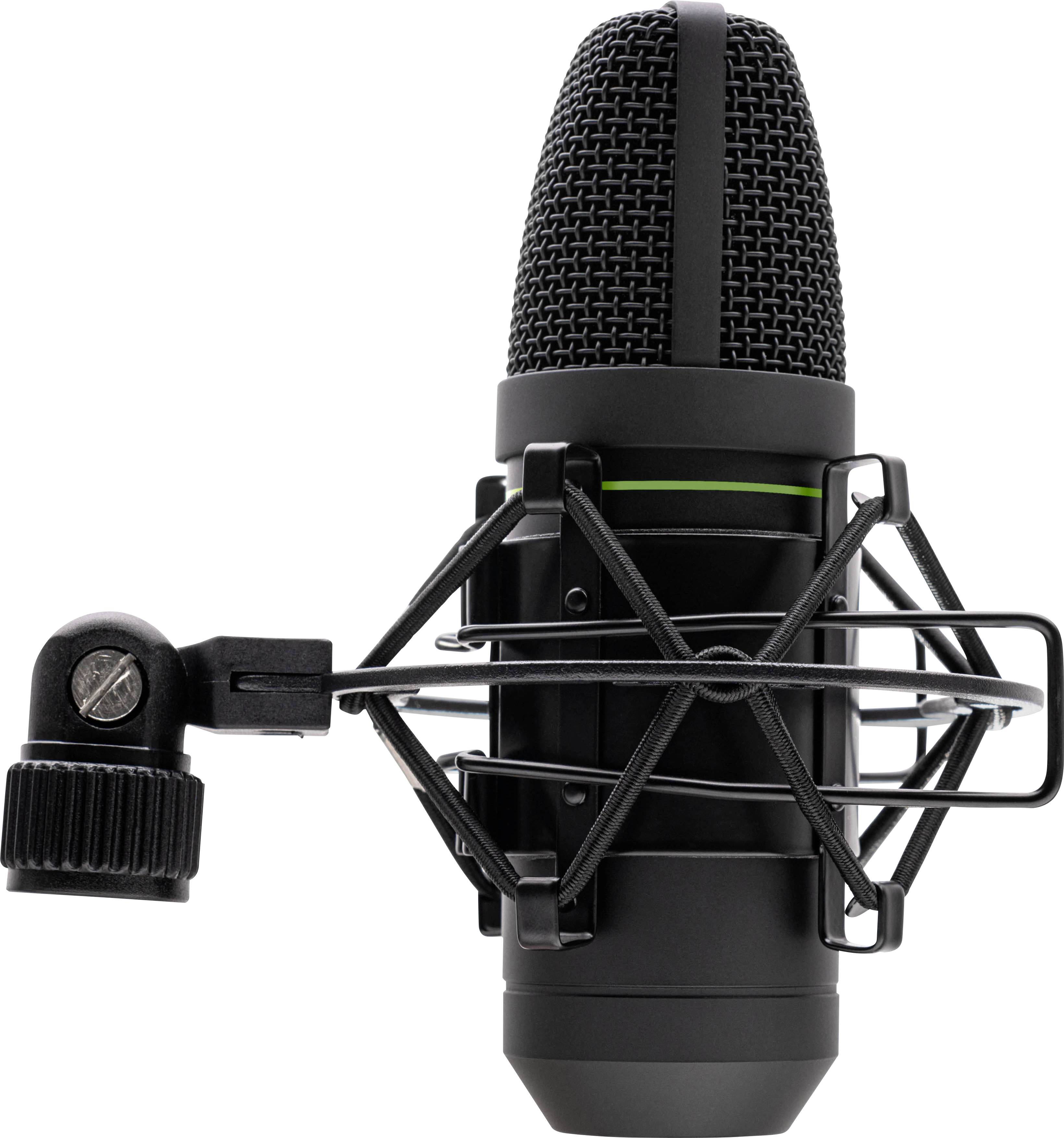 A black studio microphone in a spider mount, shown front-on. Suitable for professional audio recordings.