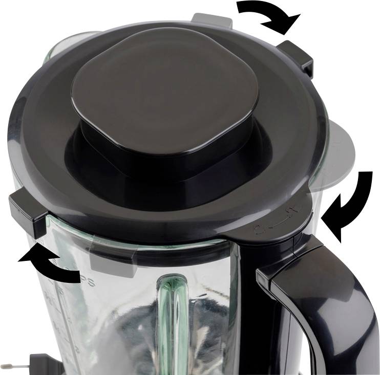 A black mixer with arrows indicating the rotation direction of the lid. The handle is located on the right-hand side.