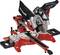 A red and black mitre saw with a transparent guard and scales. Suitable for precisely cutting wood at various angles.