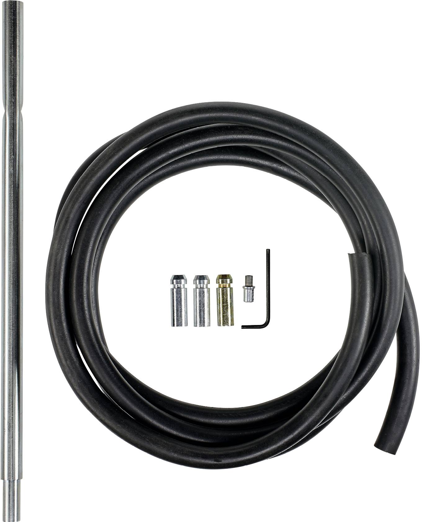 Black-coated bicycle brake cable with metal ends and an Allen key, suitable for bicycle repairs and maintenance.