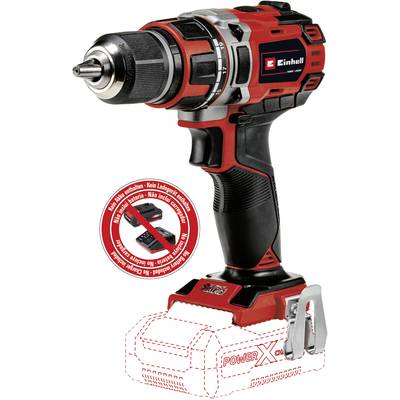 Cordless drill in red and black with battery compartment shown and promotional print.
