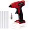 A cordless hot glue gun with red and black design, including four glue sticks and a spare nozzle. Perfect for DIY projects.